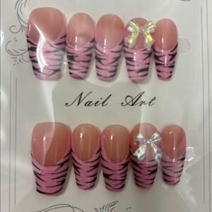 Pink Zebra Print Press-On Nails with Bow
